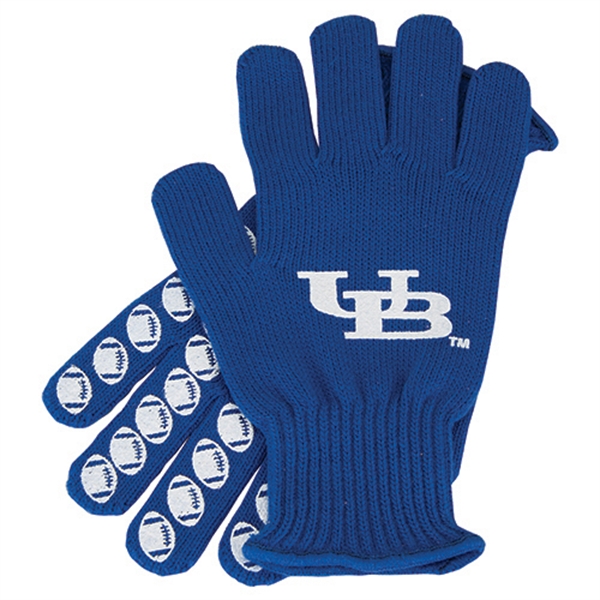 A pair of blue custom branded gloves with the UB trademark.