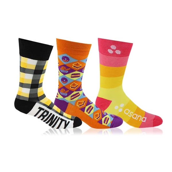 Three colorful custom branded socks.